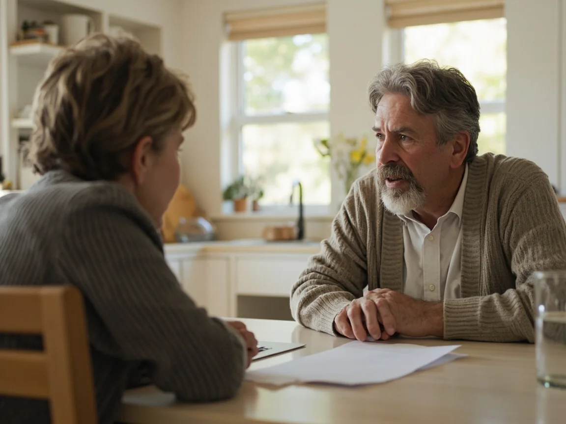 Responsible play support conversation between two adults at a quiet table