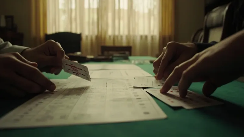 Pool rummy table session with three players around a felt surface