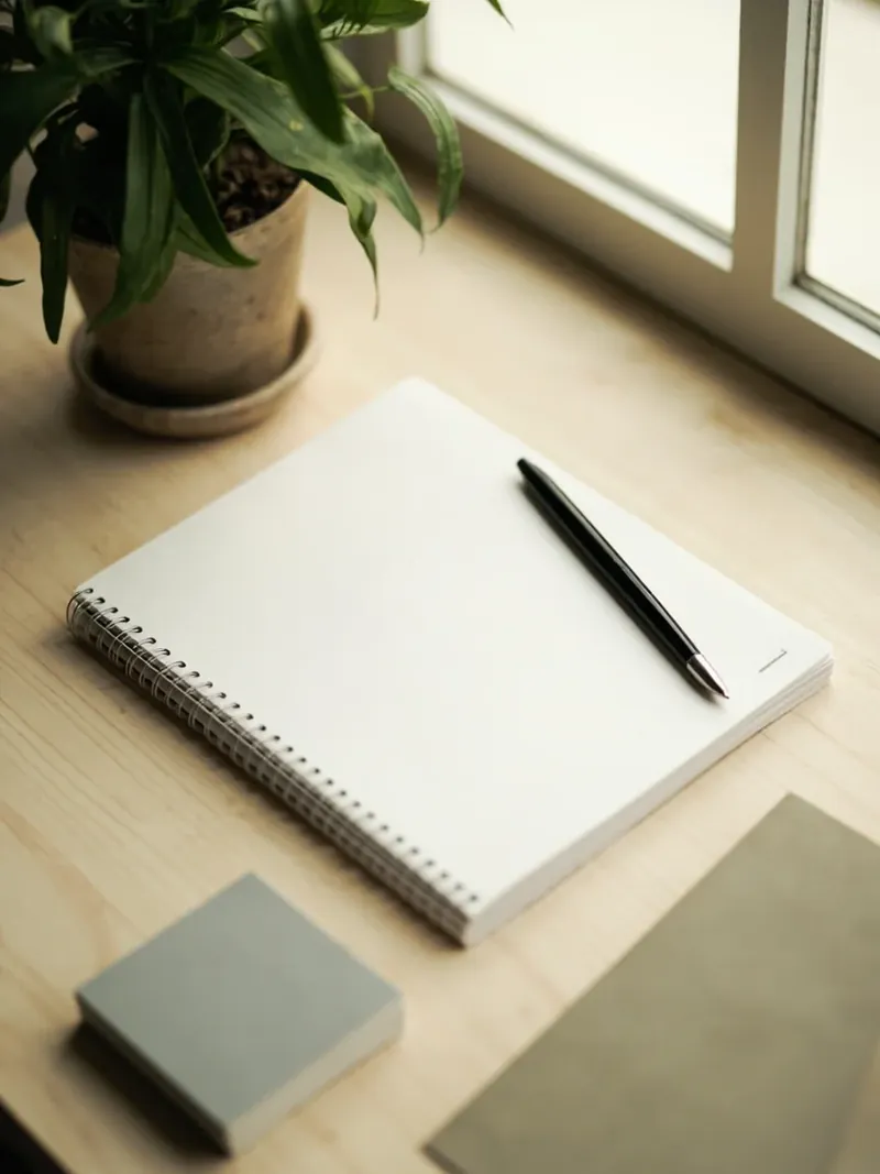 Quiet colophon desk with a notebook, pen and editorial reference books