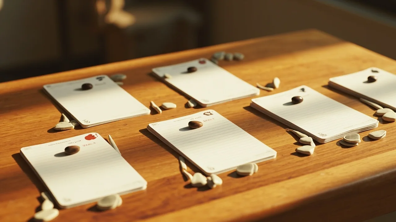 Cards and counters arranged on a felt workspace, framing a declared hand with two visible melds