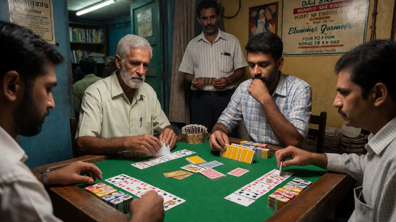 Wide editorial view of an Indian rummy felt table with five formats of decks laid out for a comparison read